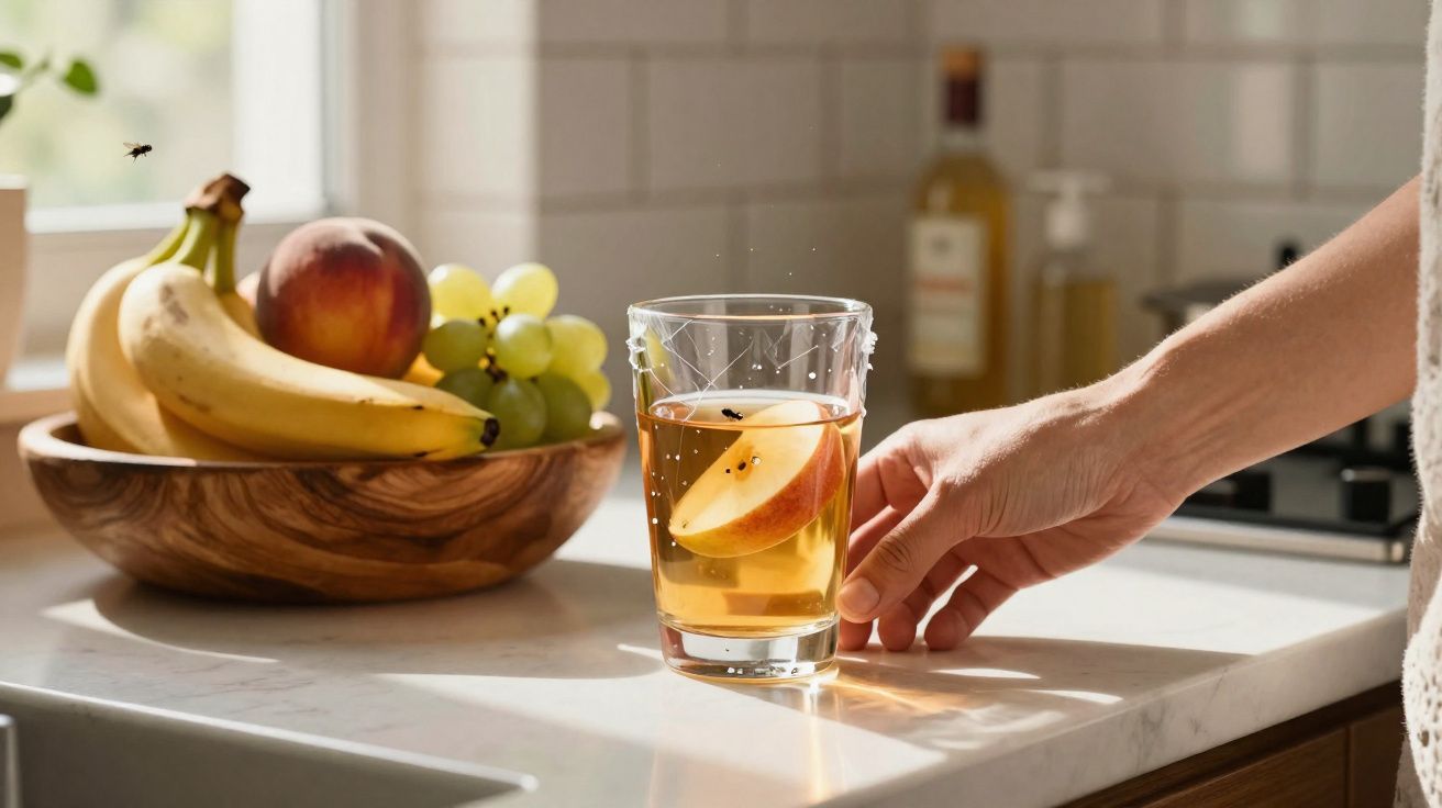 Mão a pegar copo com bebida e fatia de maçã, frutas numa tigela e moscas na cozinha iluminada pelo sol.