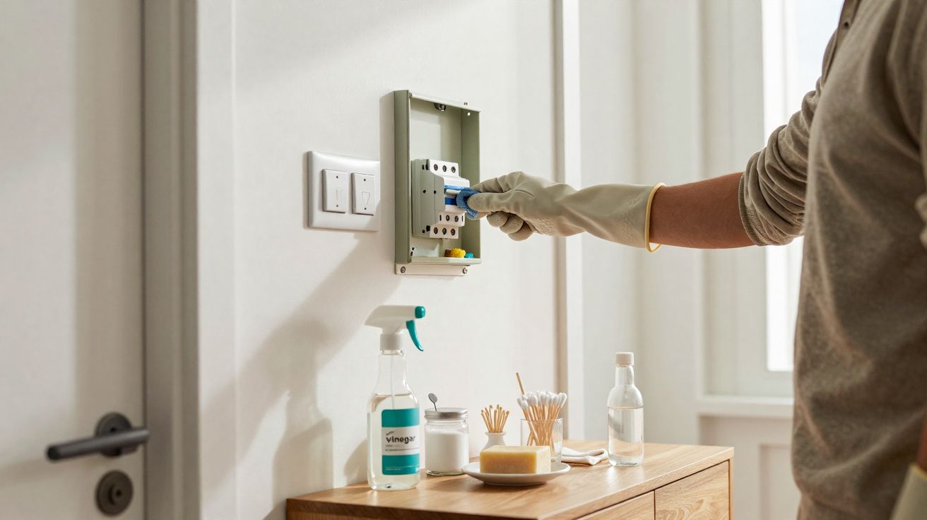 Pessoa a mexer numa caixa de disjuntores junto a uma mesa com objetos de limpeza numa divisão iluminada.
