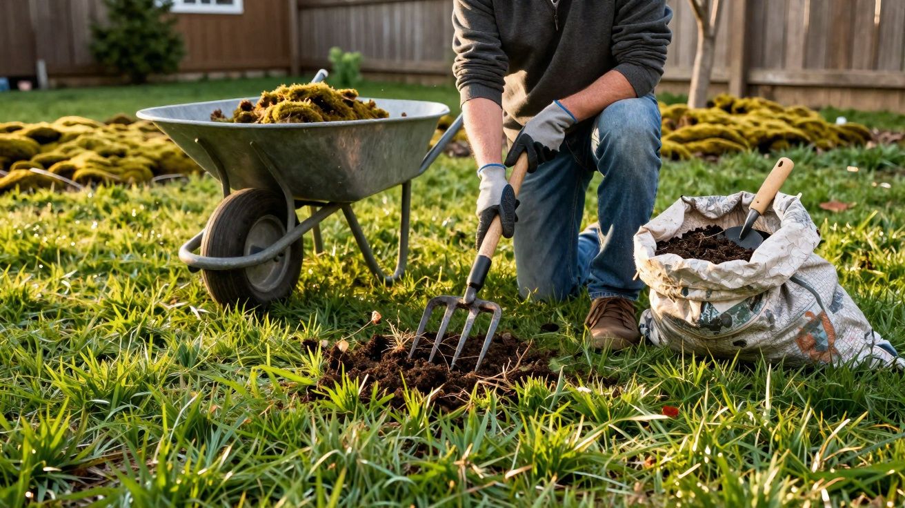 Pessoa a cavar terreno num jardim, com carrinho de mão e saco de terra ao lado.