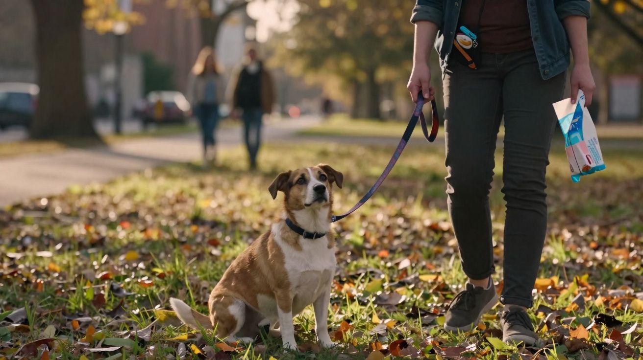 Cão sentado na relva com folhas secas, ao lado de pessoa de pé a segurá-lo pela trela e embalagens.