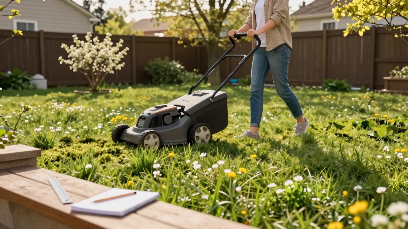 Pessoa a cortar relva com cortador elétrico num jardim com flores e árvores ao fundo.
