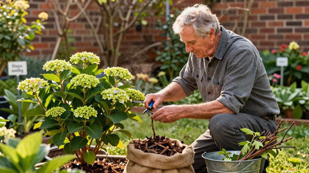 Homem idoso a podar plantas num jardim com flores e saco de aparas ao lado.