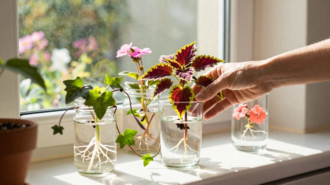 Mãos a colocar estaca de planta colorida em copo com água num peitoril iluminado pelo sol.