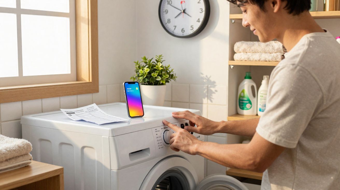 Pessoa a ajustar a máquina de lavar roupa numa lavandaria com smartphone apoiado em cima da máquina.