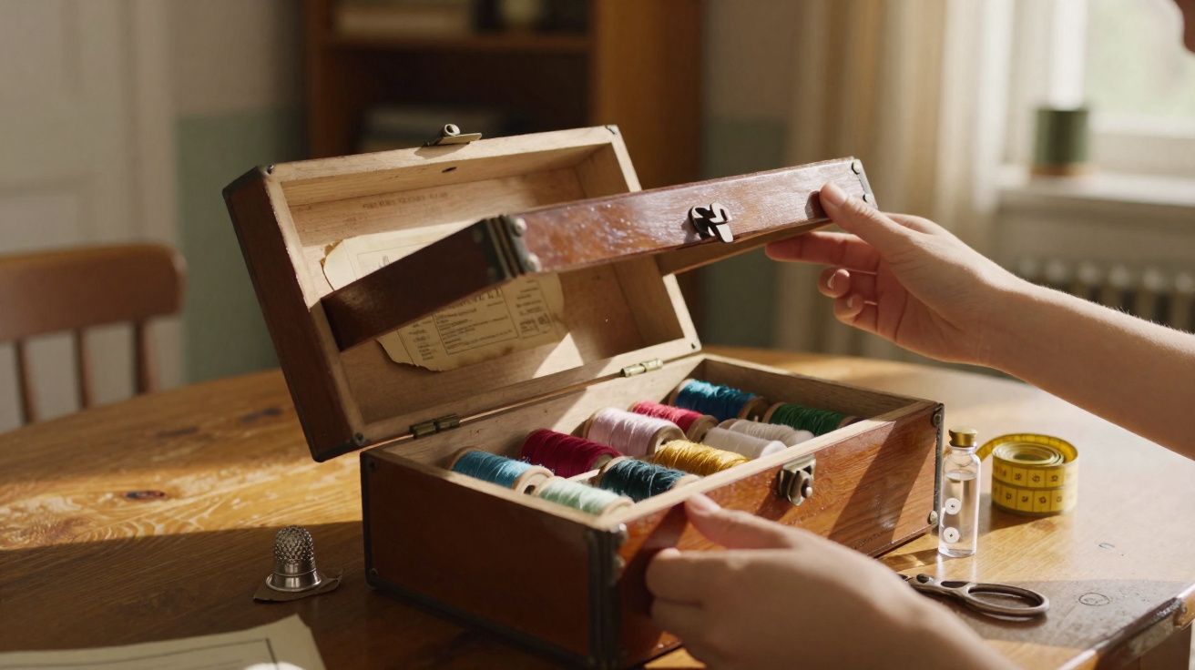 Caixa de madeira aberta com novelos de linha colorida e mãos a levantar a tampa num ambiente de costura.