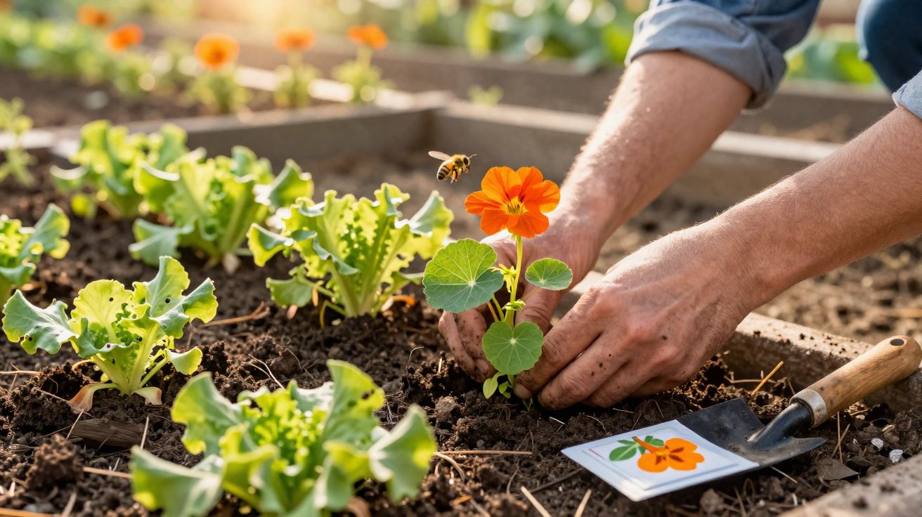 Mãos a plantar flor laranja num canteiro com alfaces, abelha a voar e enxada ao lado.