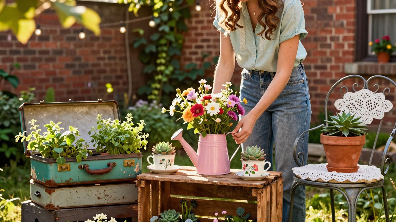 Mulher a arranjar flores num regador rosa numa mesa em jardim com plantas e malas vintage.