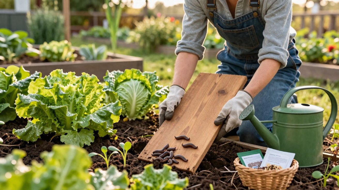 Pessoa em macacão a retirar lesmas de canteiro de alfaces com uma tábua de madeira.
