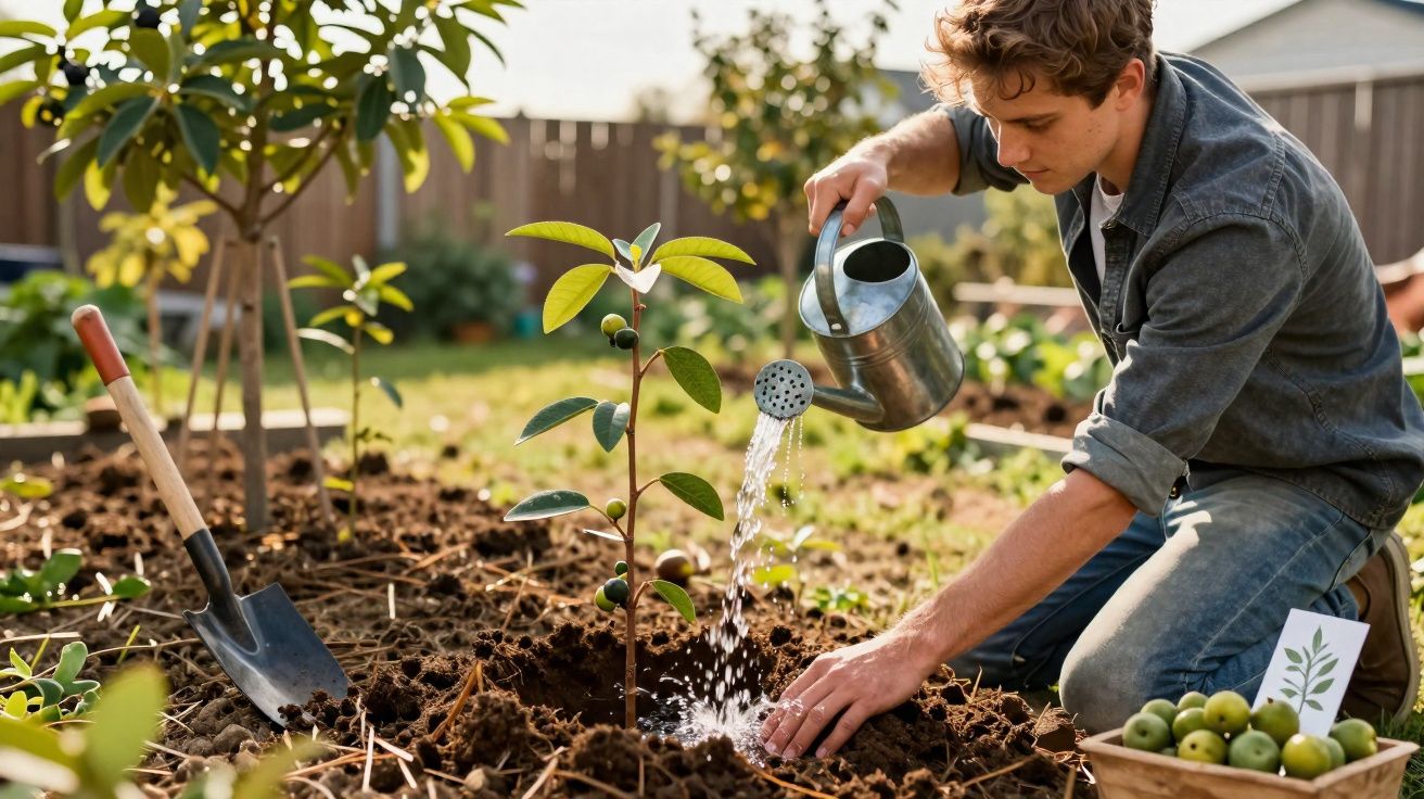 Homem a regar uma muda de árvore num jardim ensolarado, com pá ao lado e cesto com frutos verdes.