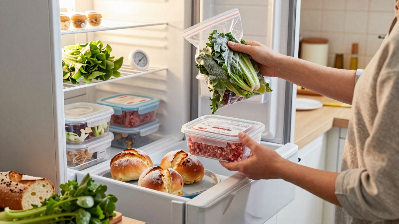 Pessoa a guardar legumes e carne picada em recipientes na porta do frigorífico aberto numa cozinha moderna.