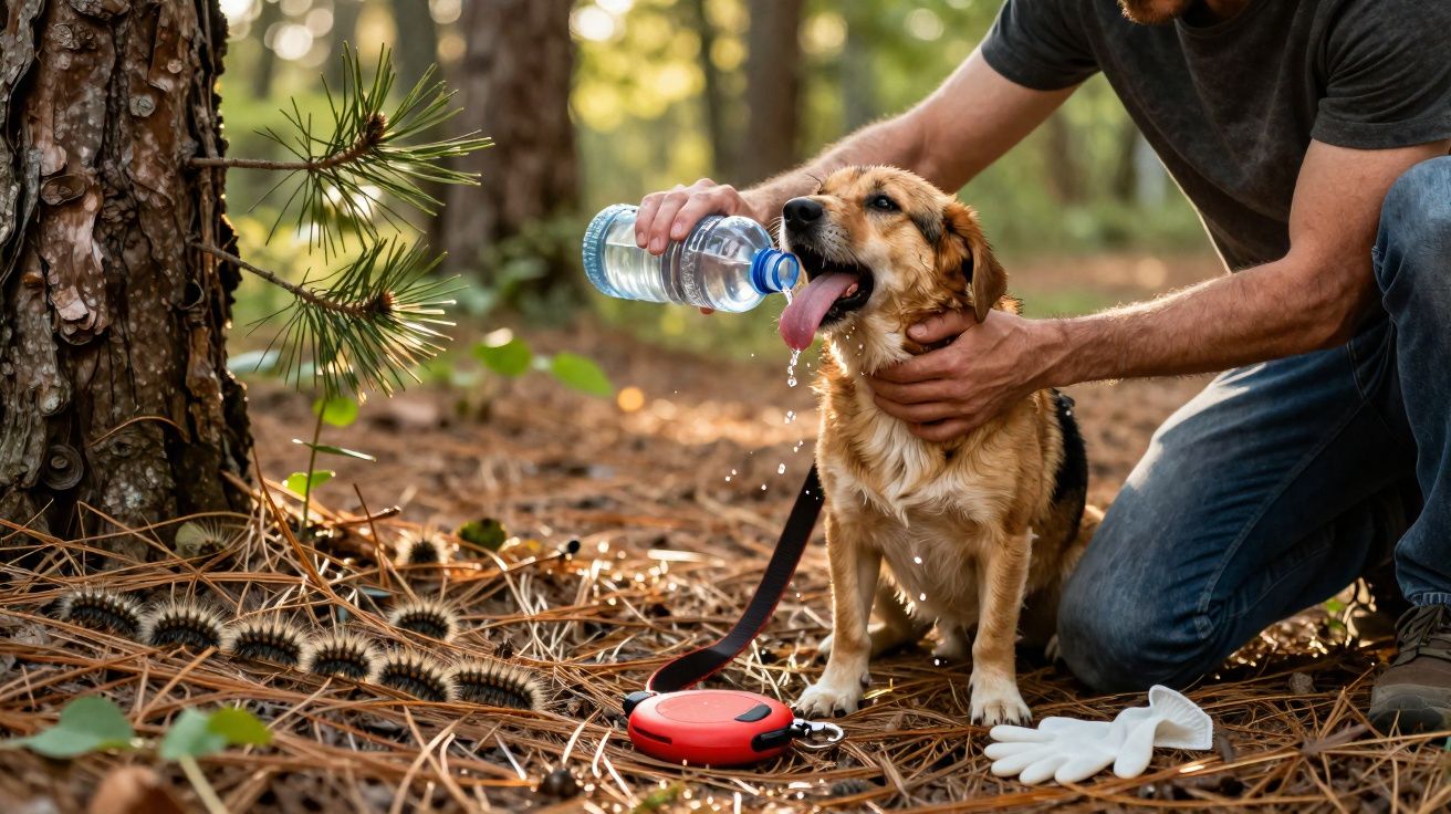 Cão a beber água de uma garrafa dada por homem ajoelhado numa floresta com área de pinheiros.