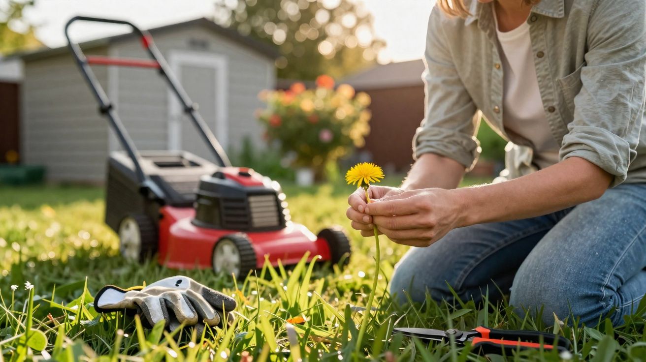 Pessoa a segurar um dente-de-leão no jardim, com máquina de cortar relva, luvas e tesoura no chão.