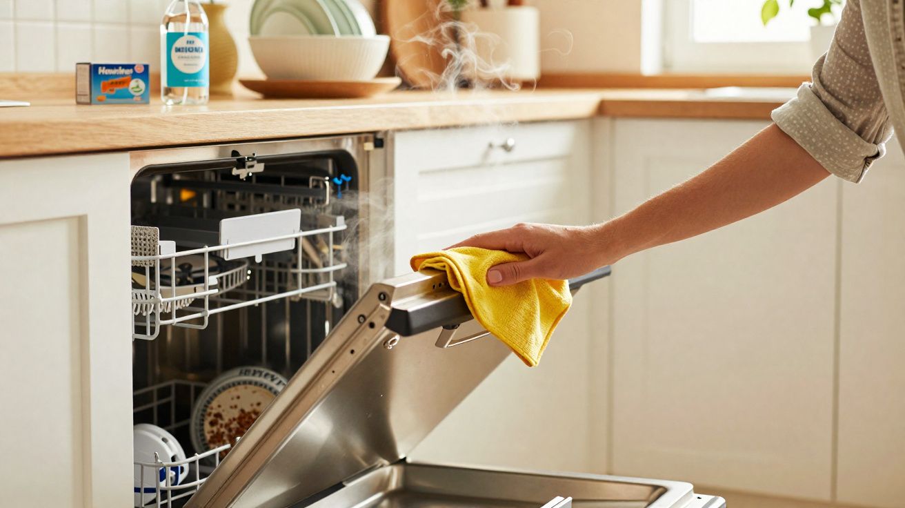 Pessoa a abrir máquina de lavar loiça a vapor na cozinha com pano amarelo na mão.