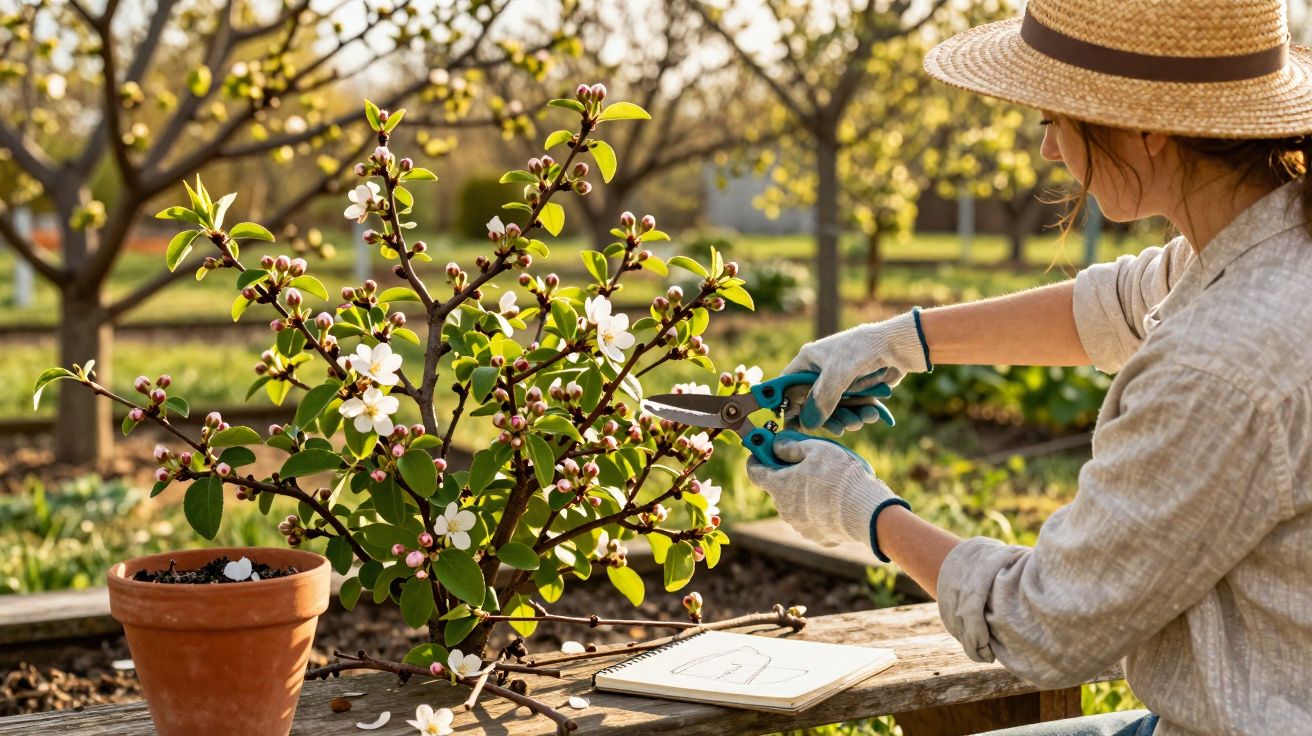 Pessoa com chapéu e luvas a podar ramo florido numa área ajardinada ao ar livre.