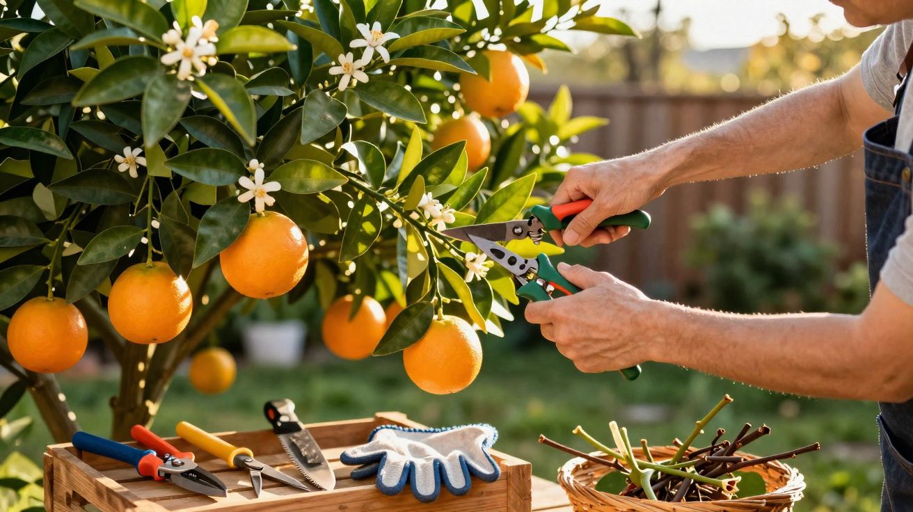 Pessoa a podar uma árvore de laranjas com flores brancas, usando tesoura de poda ao ar livre num jardim.