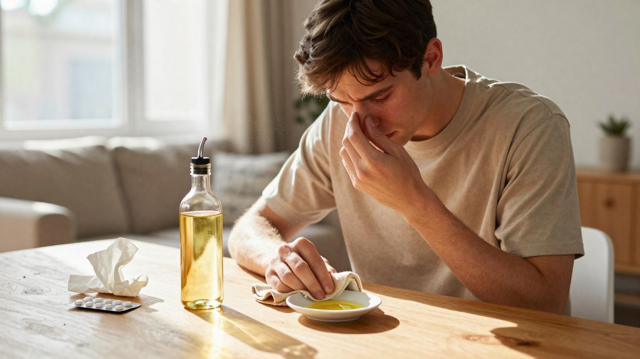 Homem a aplicar óleo numa compressa, sentado à mesa com comprimidos e lenço descartável à sua frente.