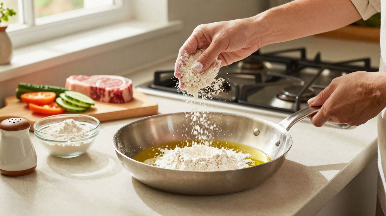 Mãos a adicionar farinha numa frigideira com óleo, com legumes e bife num balcão de cozinha.