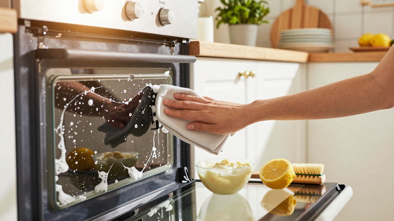 Pessoa a limpar vidro da porta do forno com pano branco na cozinha iluminada.