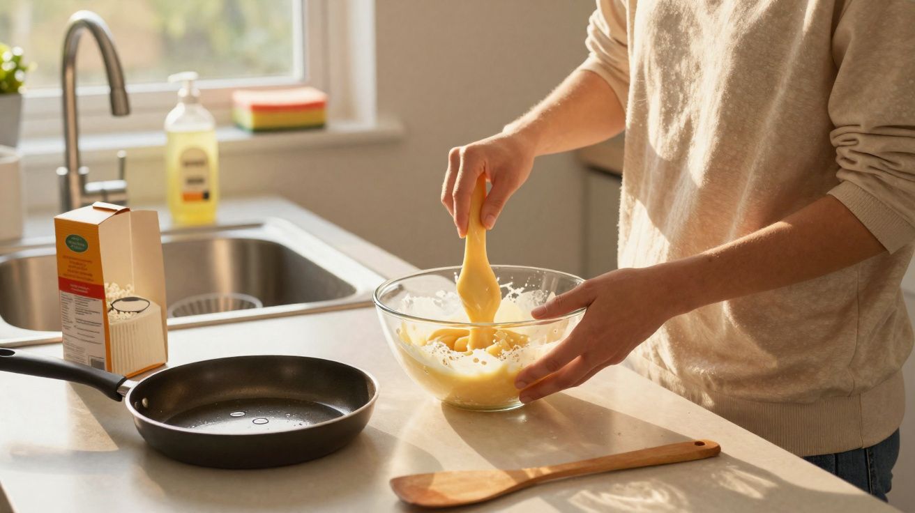 Pessoa mexe massa numa taça de vidro numa cozinha com frigideira e utensílios à volta.