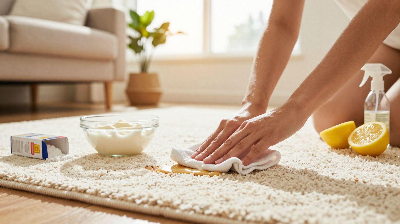 Pessoa a limpar mancha num tapete claro com pano, limão e produto de limpeza num ambiente doméstico.