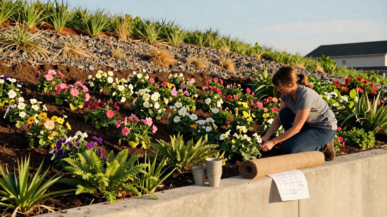 Mulher a cuidar de flores coloridas num jardim com plantas e terra, junto a um muro de cimento.