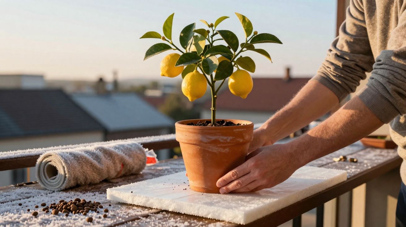 Mãos a colocar vaso com limoeiro e três limões num parapeito exterior ao pôr do sol.