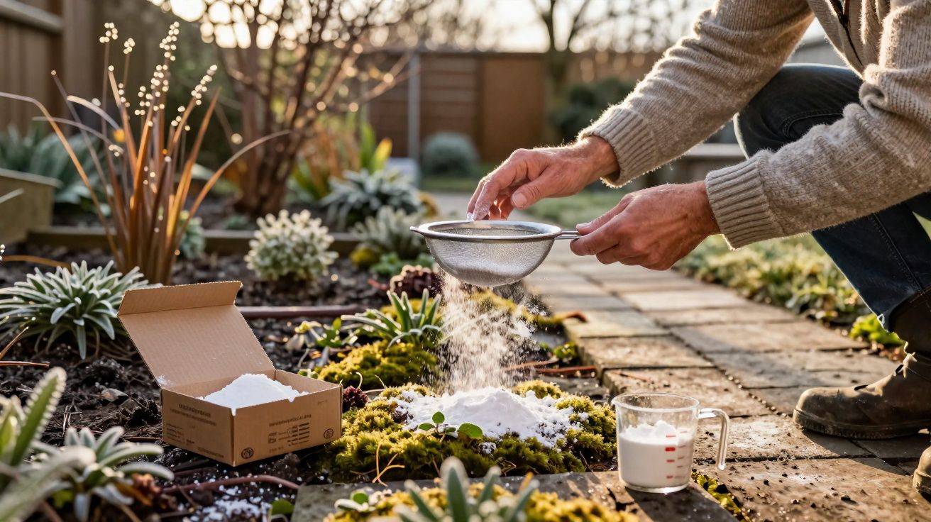 Pessoa a peneirar fertilizante em jardim com plantas diversas e caixa aberta ao lado numa tarde ensolarada.