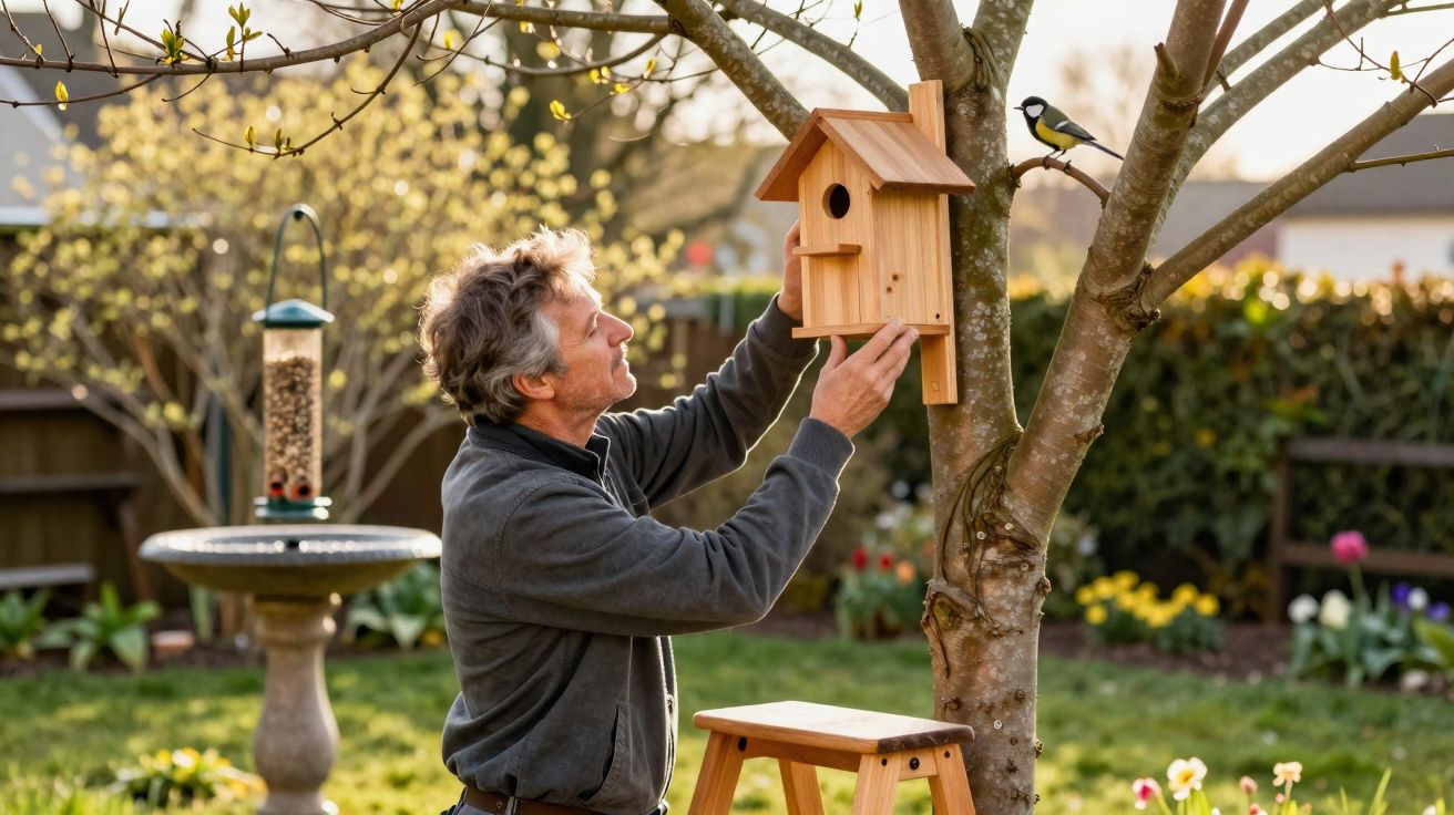 Homem a instalar uma casinha de madeira para pássaros numa árvore num jardim com flores e comedouro de aves.