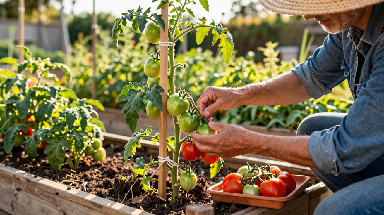 Homem a colher tomates maduros e verdes numa horta em canteiros de madeira ao pôr do sol.