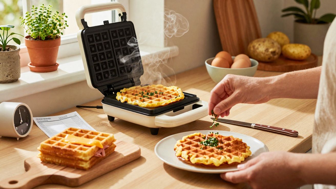 Pessoa a decorar waffles quentes com ervas numa cozinha luminosa e organizada.
