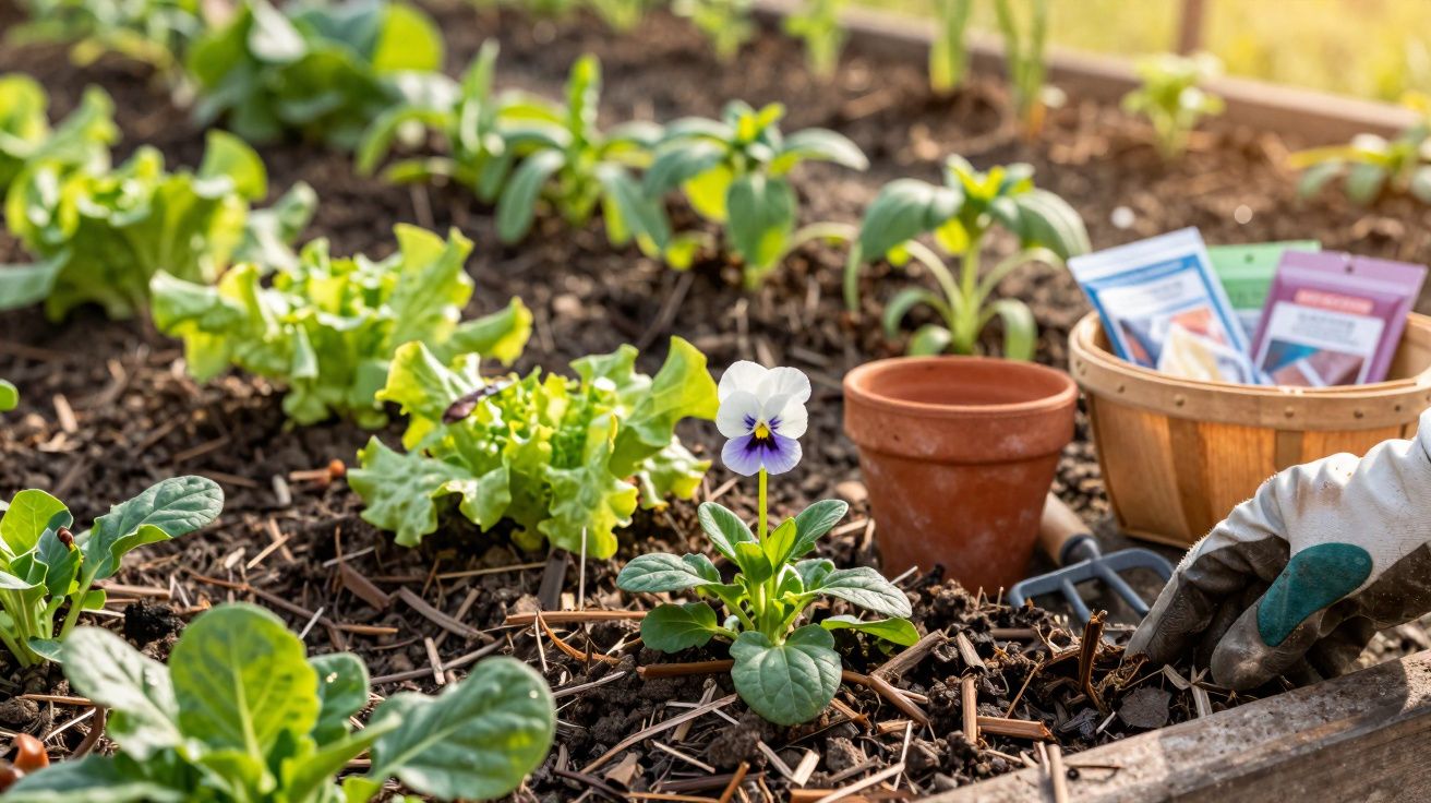 Horta com várias plantas e flor violeta, vaso de barro, sementes e mão com luva a preparar o solo.