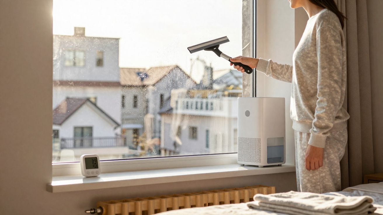 Pessoa a limpar uma janela grande num quarto com um limpa-vidros.