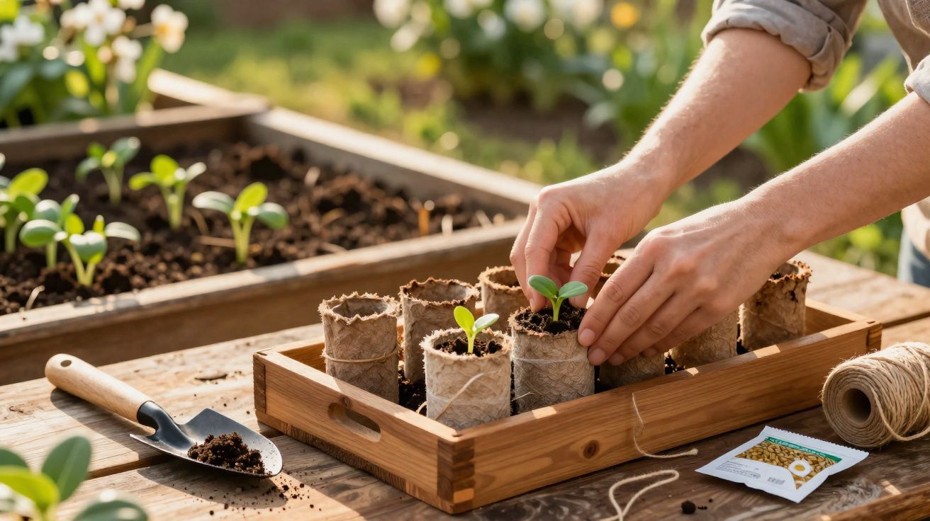 Mãos plantam rebentos em vasos biodegradáveis num tabuleiro de madeira numa mesa de jardinagem ao ar livre.