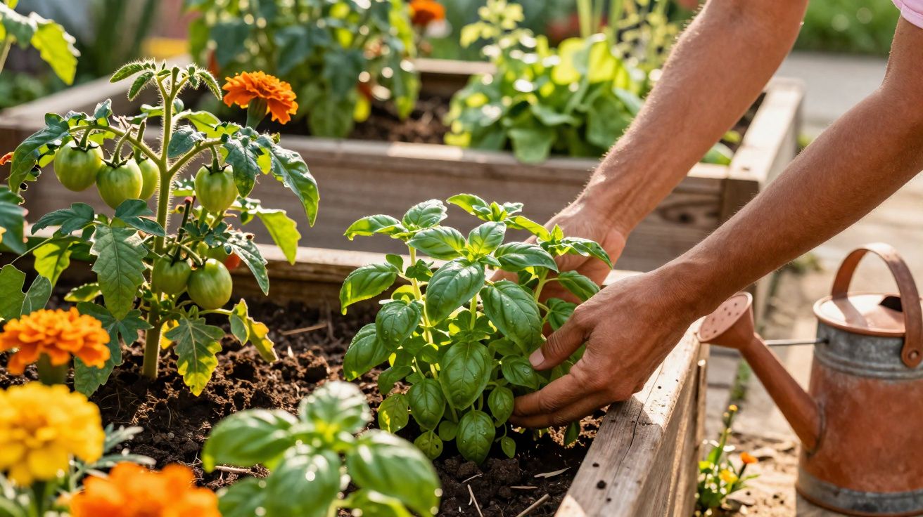 Mãos a cuidar de manjericão num canteiro com tomateiros verdes e flores laranja, regador ao lado.