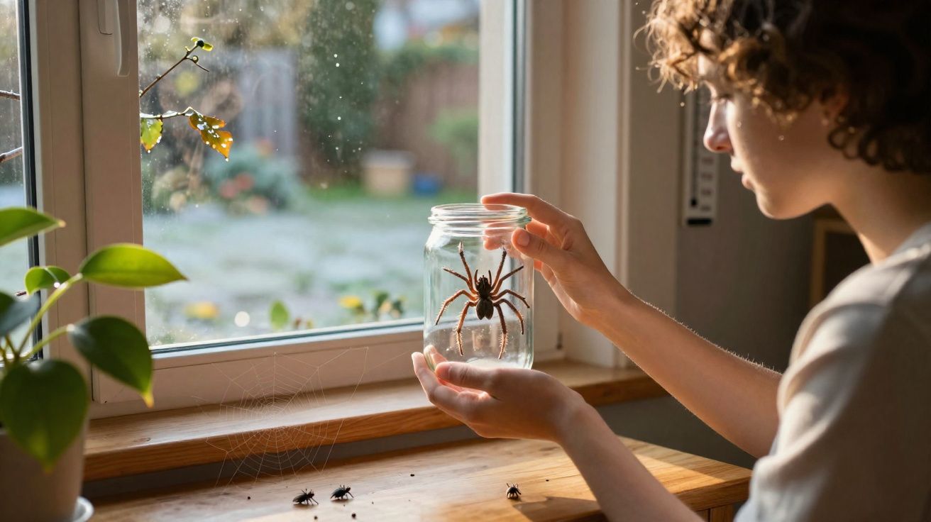 Pessoa a segurar um frasco de vidro com uma aranha grande dentro, junto a uma janela com plantas na mesa.