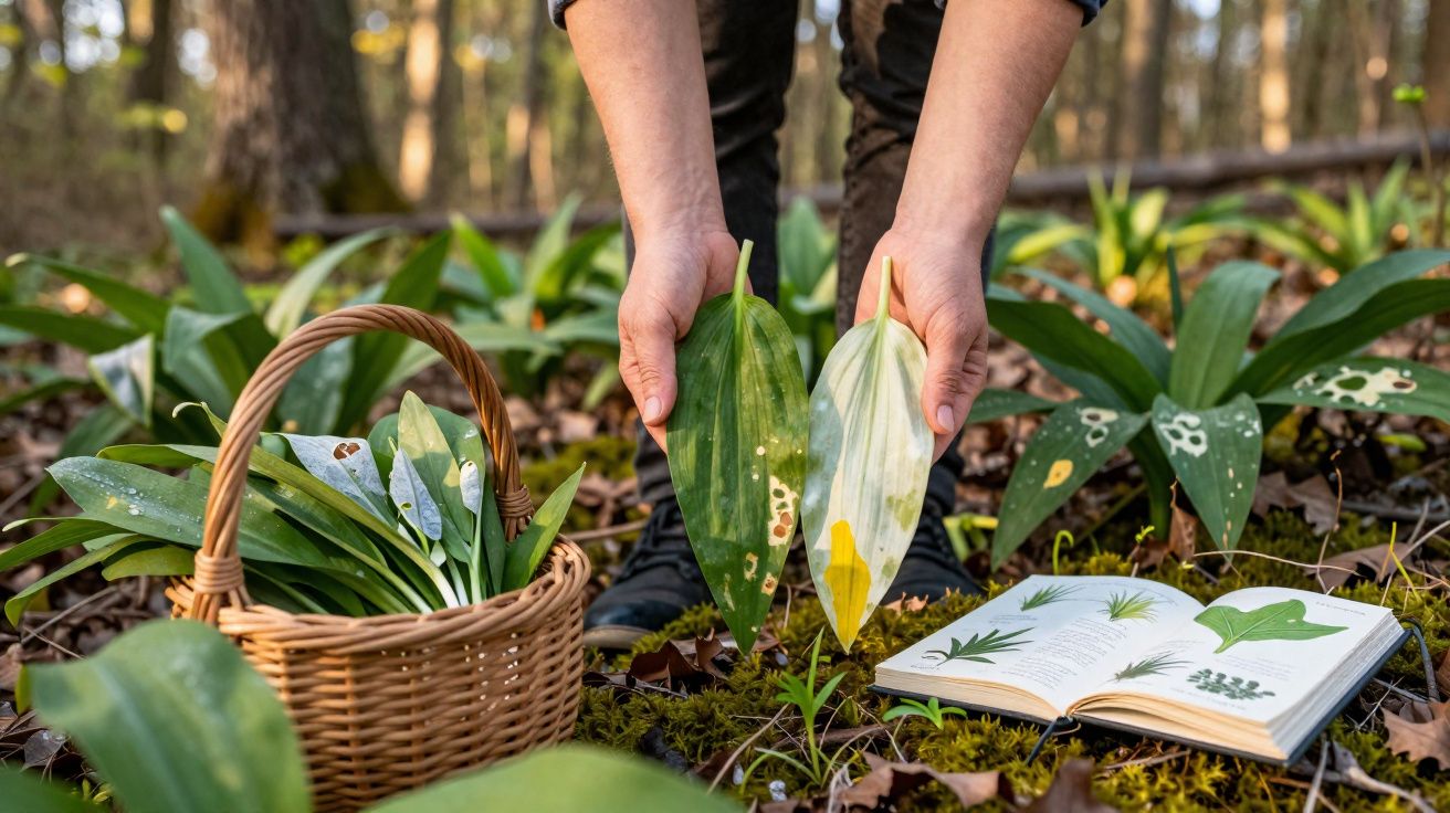 Pessoa mostra folhas verdes com manchas ao lado de cesta com folhas e livro aberto sobre plantas na floresta.
