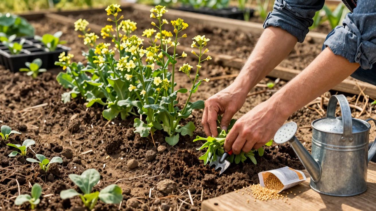 Pessoa a plantar mudas em canteiro de terra com regador e sementes ao lado num jardim.