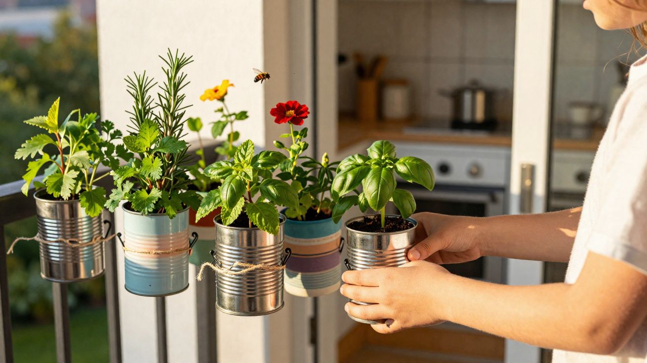 Mãos seguram vaso com erva aromática junto a varanda com vários vasos pendurados e uma abelha a voar.