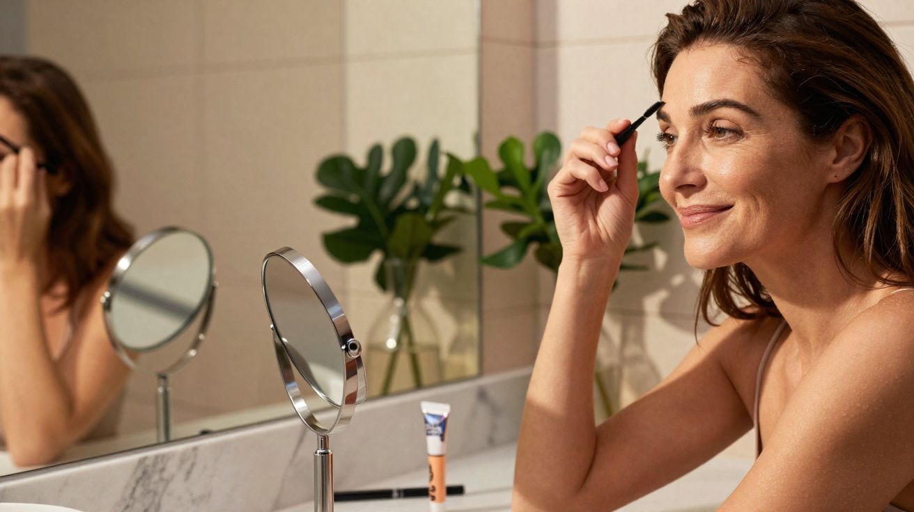 Mulher a maquilhar sobrancelhas com lápis, sentada à frente de um espelho numa casa de banho.