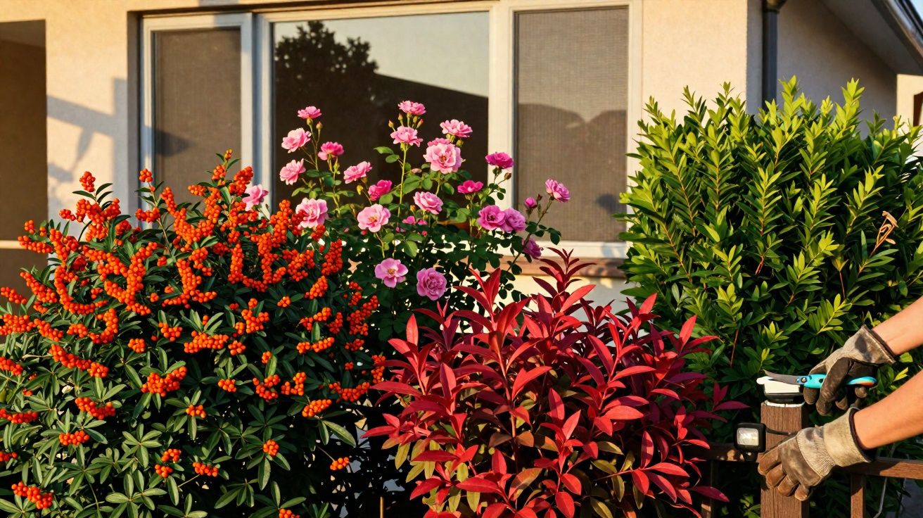 Pessoa a podar arbustos coloridos com flores cor-de-rosa, frutos vermelhos e folhas verdes e vermelhas junto a uma casa.