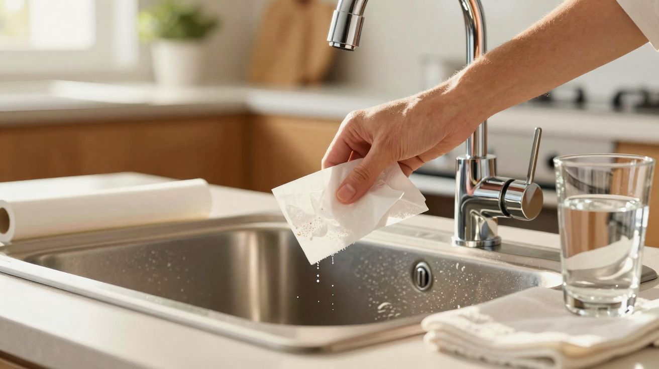 Mão a limpar torneira de cozinha com papel húmido, ao lado copo de água e toalhas dobradas sobre bancada.
