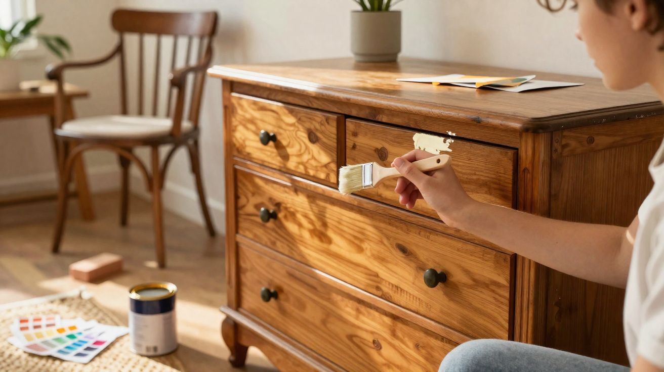 Pessoa a pintar um móvel de madeira com pincel num ambiente luminoso e acolhedor.