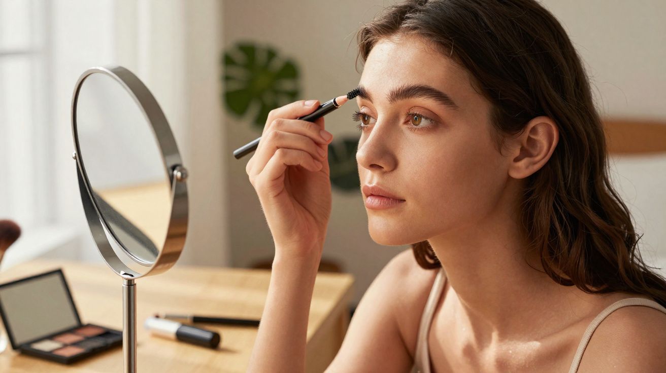 Jovem mulher aplica maquilhagem às sobrancelhas, olhando para espelho redondo numa mesa de madeira.