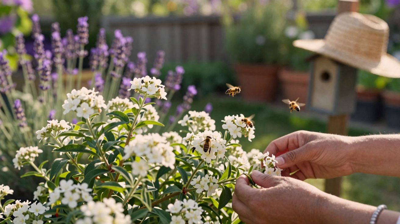 Mãos a cuidar de flores brancas num jardim com abelhas a voar e flores de lavanda ao fundo.