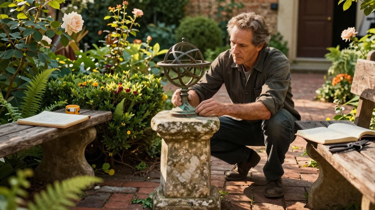 Homem ajusta globo armilar num jardim com bancos de madeira e flores ao redor.