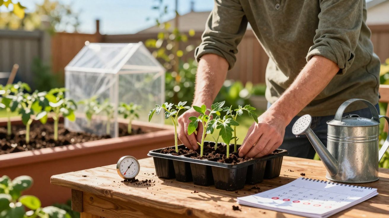 Pessoa a cuidar de mudas de tomate num tabuleiro preto, com regador, termómetro e calendário numa mesa de madeira.