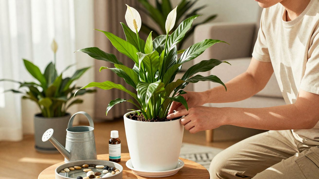 Pessoa a cuidar de planta com flores brancas numa sala iluminada e decoração natural.