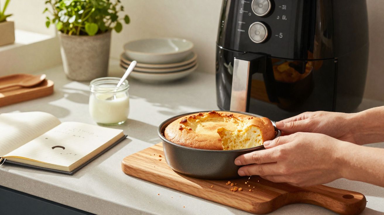 Mãos a retirar bolo fofo de forma metálica, sobre tábua de madeira, ao lado de eletrodoméstico e caderno na bancada.