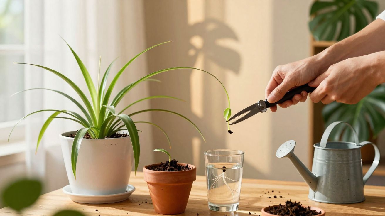 Mãos a transplantar uma pequena planta de vaso de barro para um copo com água, perto de regador e planta maior.
