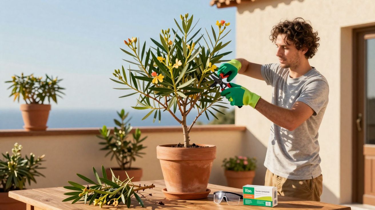 Homem a podar planta com luvas verdes num terraço com vista para o mar ao fundo.